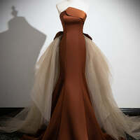 Simple Mermaid Brown Champagne Satin Tulle Long Prom Dress, Brown Long Evening Dress for Women - Thumbnail 1