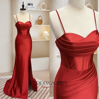 Burgundy evening dress,simple sweetheart neck satin mermaid burgundy long prom dress