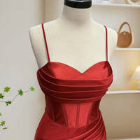Burgundy Evening Dress,Simple Sweetheart Neck Satin Mermaid Burgundy Long Prom Dress - Thumbnail 3