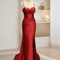 Burgundy Evening Dress,Simple Sweetheart Neck Satin Mermaid Burgundy Long Prom Dress - Thumbnail 1