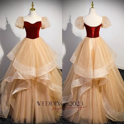 Cute velvet a line champagne and burgundy long prom dresses, champagne burgundy tulle formal evening dresses