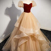 Cute Velvet A Line Champagne and Burgundy Long Prom Dresses, Champagne Burgundy Tulle Formal Evening Dresses - Thumbnail 1