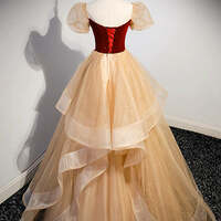 Cute Velvet A Line Champagne and Burgundy Long Prom Dresses, Champagne Burgundy Tulle Formal Evening Dresses - Thumbnail 2