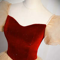 Cute Velvet A Line Champagne and Burgundy Long Prom Dresses, Champagne Burgundy Tulle Formal Evening Dresses - Thumbnail 3