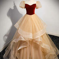 Cute Velvet A Line Champagne and Burgundy Long Prom Dresses, Champagne Burgundy Tulle Formal Evening Dresses - Thumbnail 5