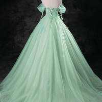 Mint Green Ball Gown Off The Shoulder Tulle Prom Dress Green A-Line Off Shoulder Tulle Long Prom Dress, Green Long Formal Dress - Thumbnail 2