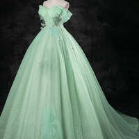 Mint Green Ball Gown Off The Shoulder Tulle Prom Dress Green A-Line Off Shoulder Tulle Long Prom Dress, Green Long Formal Dress - Thumbnail 3