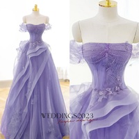 Princess Lilac Lace Off-the-shoulder Tulle Ruffle Prom Dresses with Appliques Long Formal Dress - Thumbnail 1