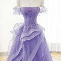 Princess Lilac Lace Off-the-shoulder Tulle Ruffle Prom Dresses with Appliques Long Formal Dress - Thumbnail 2
