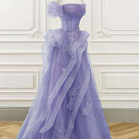 Princess Lilac Lace Off-the-shoulder Tulle Ruffle Prom Dresses with Appliques Long Formal Dress - Thumbnail 3