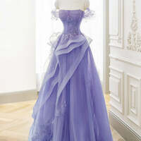 Princess Lilac Lace Off-the-shoulder Tulle Ruffle Prom Dresses with Appliques Long Formal Dress - Thumbnail 5