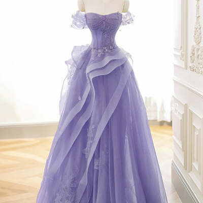 Princess lilac lace off-the-shoulder tulle ruffle prom dresses with appliques long formal dress