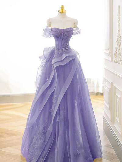 Princess Lilac Lace Off-the-shoulder Tulle Ruffle Prom Dresses with Appliques Long Formal Dress