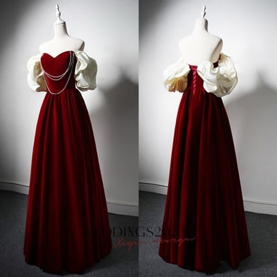 Burgundy a-line off shoulder velvet lace long prom dress, burgundy long formal dress,velvet burgundy long formal evening dresses