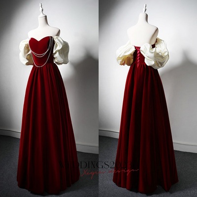 Burgundy A-Line Off Shoulder Velvet Lace Long Prom Dress, Burgundy Long Formal Dress,Velvet Burgundy Long Formal Evening Dresses