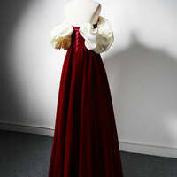 Burgundy A-Line Off Shoulder Velvet Lace Long Prom Dress, Burgundy Long Formal Dress,Velvet Burgundy Long Formal Evening Dresses - Thumbnail 1