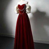 Burgundy A-Line Off Shoulder Velvet Lace Long Prom Dress, Burgundy Long Formal Dress,Velvet Burgundy Long Formal Evening Dresses - Thumbnail 2