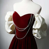 Burgundy A-Line Off Shoulder Velvet Lace Long Prom Dress, Burgundy Long Formal Dress,Velvet Burgundy Long Formal Evening Dresses - Thumbnail 3