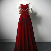 Burgundy A-Line Off Shoulder Velvet Lace Long Prom Dress, Burgundy Long Formal Dress,Velvet Burgundy Long Formal Evening Dresses - Thumbnail 4