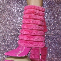 Pink High Heel Boots Unisex Faux Fur Pointed Toe Stiletto Heel Mid Calf Boots - Thumbnail 1