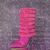 Pink High Heel Boots Unisex Faux Fur Pointed Toe Stiletto Heel Mid Calf Boots - Thumbnail 2