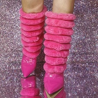 Pink High Heel Boots Unisex Faux Fur Pointed Toe Stiletto Heel Mid Calf Boots - Thumbnail 4