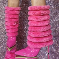 Pink High Heel Boots Unisex Faux Fur Pointed Toe Stiletto Heel Mid Calf Boots - Thumbnail 5