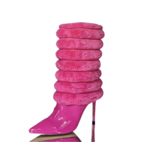 Pink High Heel Boots Unisex Faux Fur Pointed Toe Stiletto Heel Mid Calf Boots - Thumbnail 6