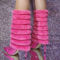 Pink High Heel Boots Unisex Faux Fur Pointed Toe Stiletto Heel Mid Calf Boots - Thumbnail 7