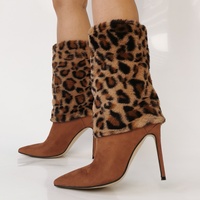 Leopard Fur Turned-Over Edge Thin Heel Higgh Boots - Thumbnail 5