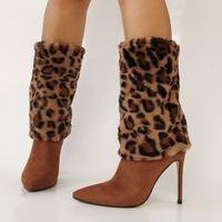 Leopard Fur Turned-Over Edge Thin Heel Higgh Boots - Thumbnail 1