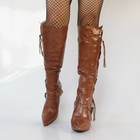 Retro American Style Western Womens Pointed Toe Knee High Boots Stiletto Heel - Thumbnail 8