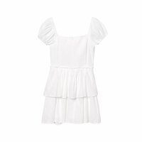 Retro white square neck tie waist ruffle dress - Thumbnail 1