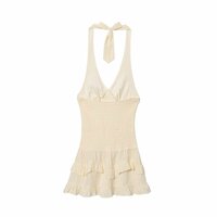 Casual V-neck halterneck sleeveless backless ruffled midi dress - Thumbnail 2