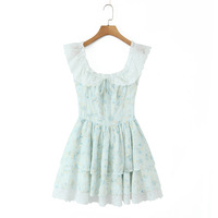 Large U-neck lace crochet embroidery print waist sleeveless babydoll dress - Thumbnail 1