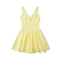 Yellow lace back elastic suspender dress lace splicing halter neck dress - Thumbnail 1