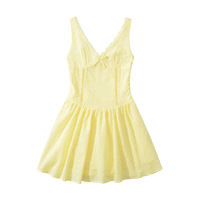 Yellow lace back elastic suspender dress lace splicing halter neck dress - Thumbnail 2