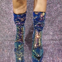 Glitter Slouch Boots Pointed Toe Stiletto Heel Ankle Boots - Thumbnail 5