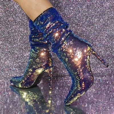 Glitter slouch boots pointed toe stiletto heel ankle boots