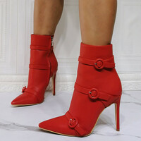 Stiletto Heeled Booties Red 11.5CM Short Boots for Women Autumn Winter Fashion Boot for Party with Zipper  - Thumbnail 3