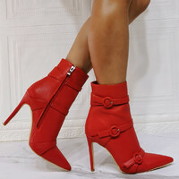 Stiletto Heeled Booties Red 11.5CM Short Boots for Women Autumn Winter Fashion Boot for Party with Zipper  - Thumbnail 4