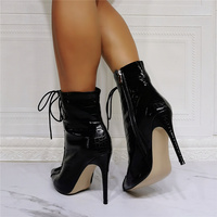 Black Synthetic Crocodile Patent Lace Up Thin Bootie - Thumbnail 4