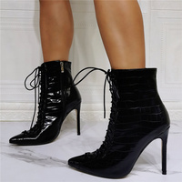 Black Synthetic Crocodile Patent Lace Up Thin Bootie - Thumbnail 3