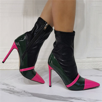 Sexy Neon Pink Dark Green Black Sock Thin High Heel Bootie - Thumbnail 3