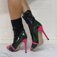 Sexy Neon Pink Dark Green Black Sock Thin High Heel Bootie - Thumbnail 5