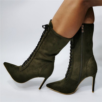 Army Green Ankle Boots For Women High Heel Pointy Toes Lace Up - Thumbnail 2