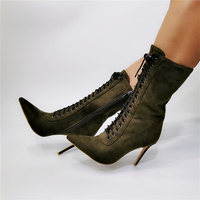 Army Green Ankle Boots For Women High Heel Pointy Toes Lace Up - Thumbnail 4