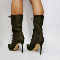 Army Green Ankle Boots For Women High Heel Pointy Toes Lace Up - Thumbnail 1
