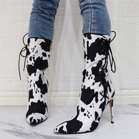 New Fashion Women Ankle Boots Stiletto Heels Boots Pointed Toe Gorgeous Cow Pattern Party Shoes Ladies - Thumbnail 3