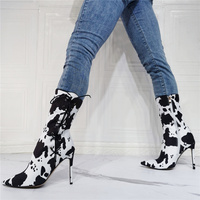 New Fashion Women Ankle Boots Stiletto Heels Boots Pointed Toe Gorgeous Cow Pattern Party Shoes Ladies - Thumbnail 4